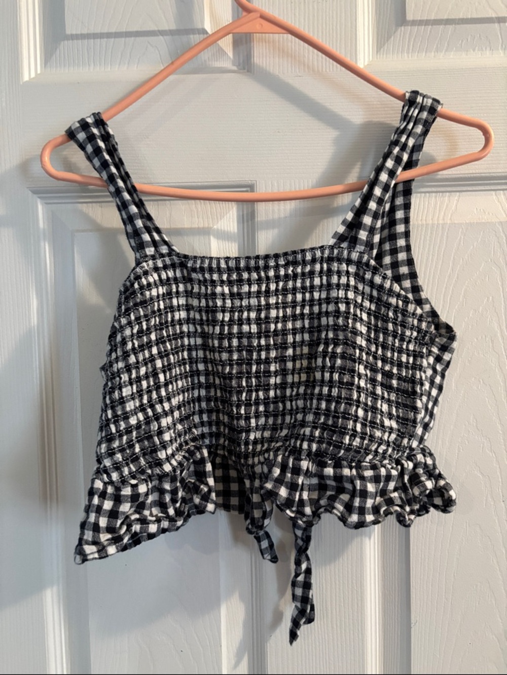 American Eagle Outfitters Black and White Gingham Smocked Crop Cami